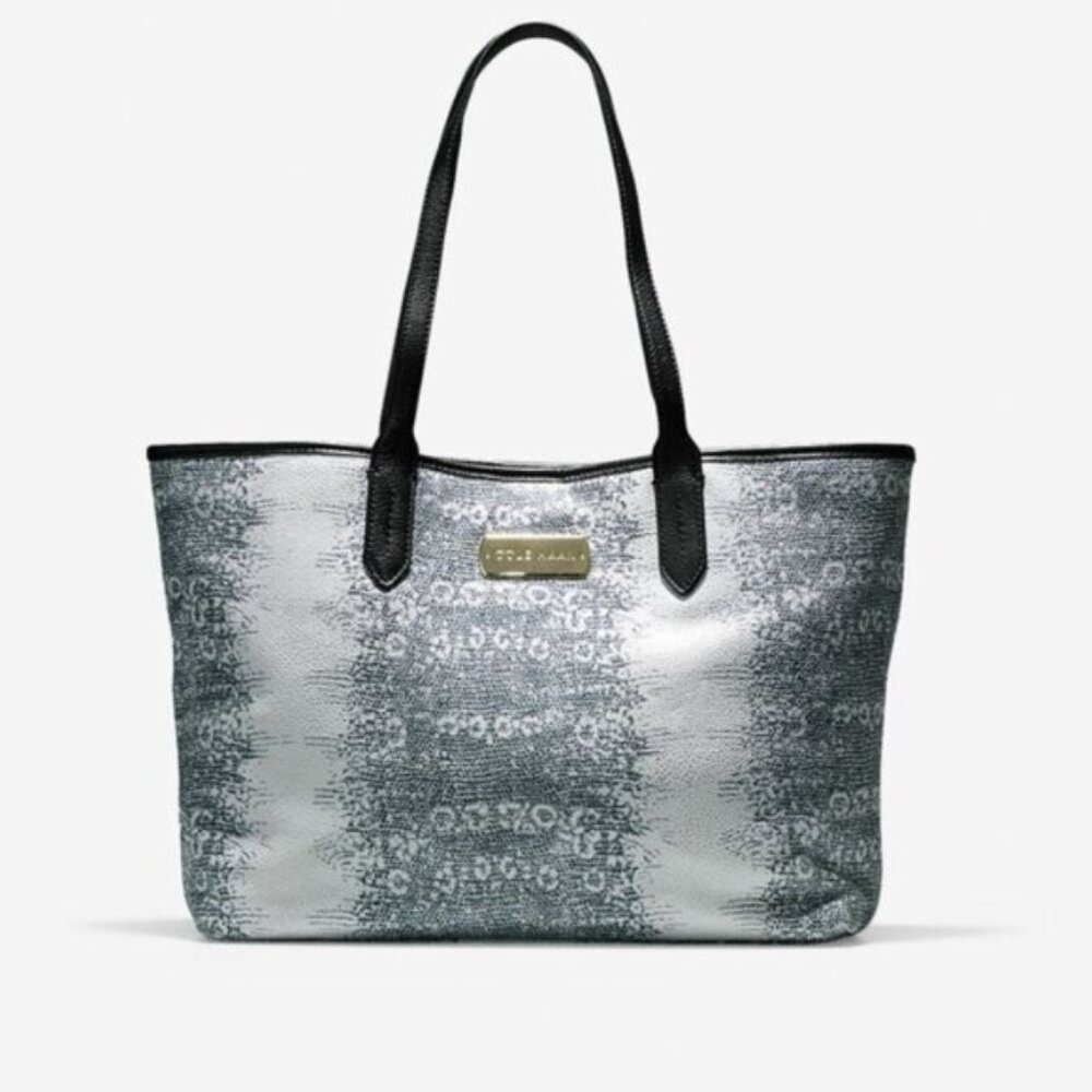 Cole Haan Huntly Lizard Print Leather Tote Shoulder Bag Neutral Neutral Pockets